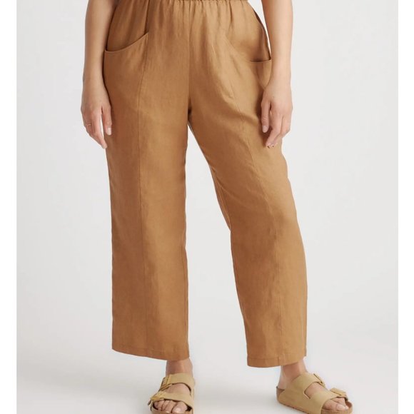 Quince Pants - European Linen Tapered Ankle Pant in Golden Brown